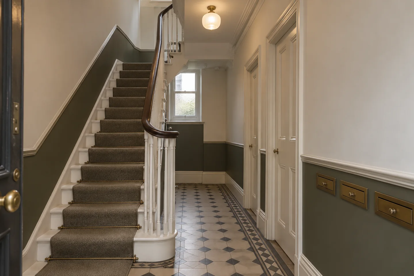 Shared entrance hall in a converted house with painted walls and a timber stair handrail