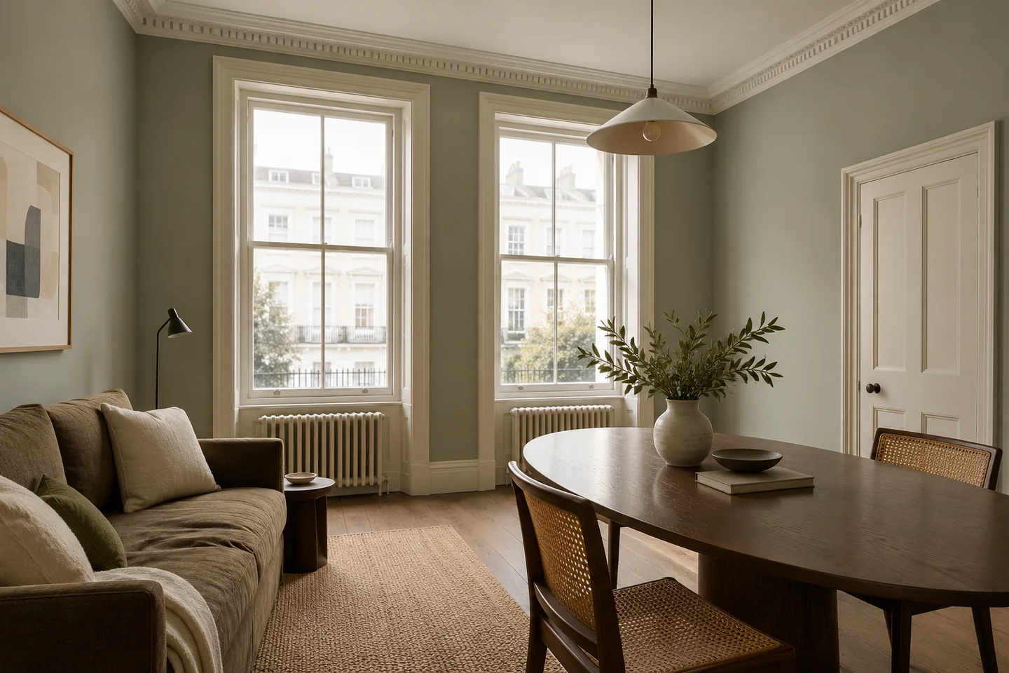 A high-ceilinged flat with fine cornicing, tall sash windows and softly painted walls