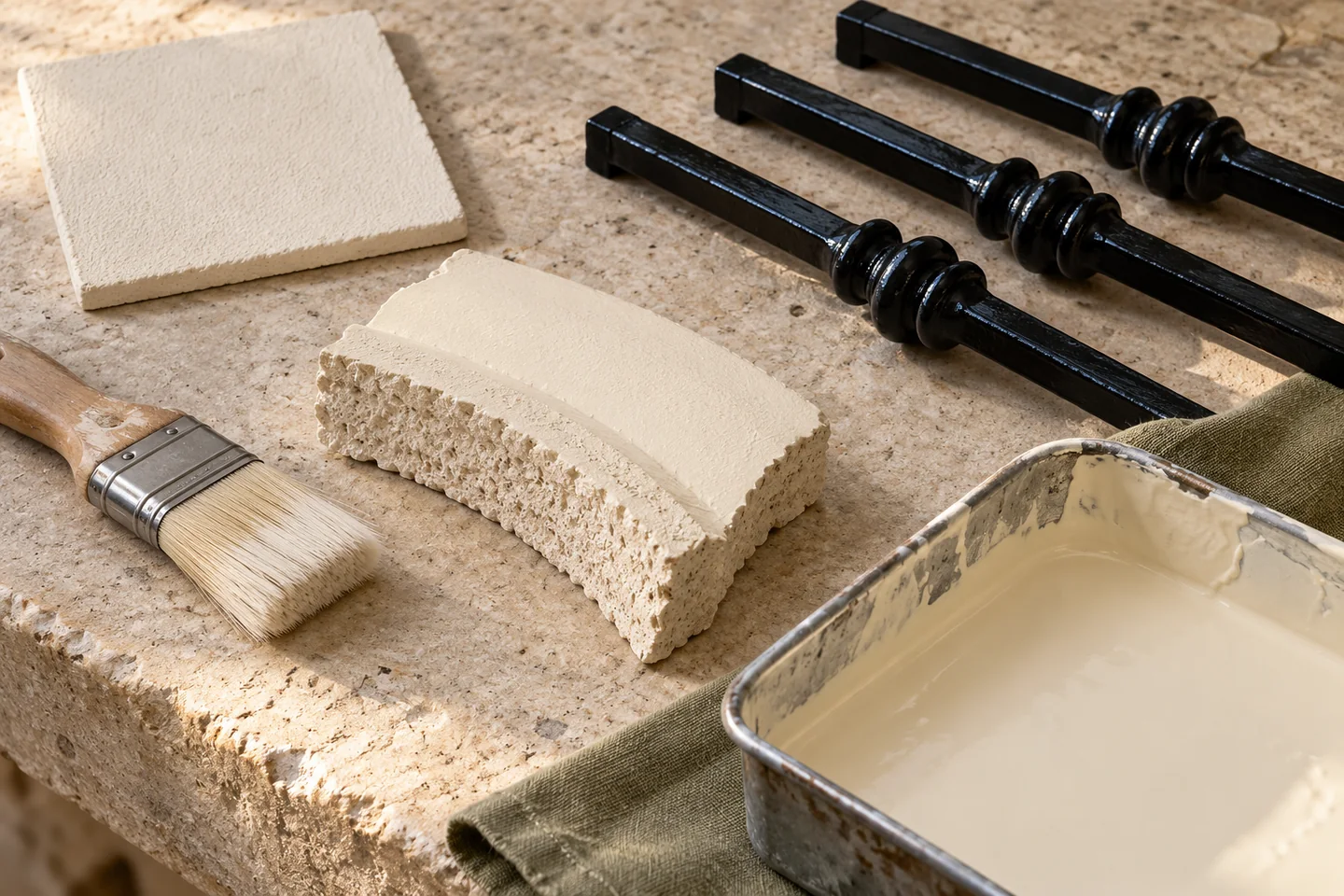 Masonry paint samples, textured stucco and black railing enamel arranged for a finish study