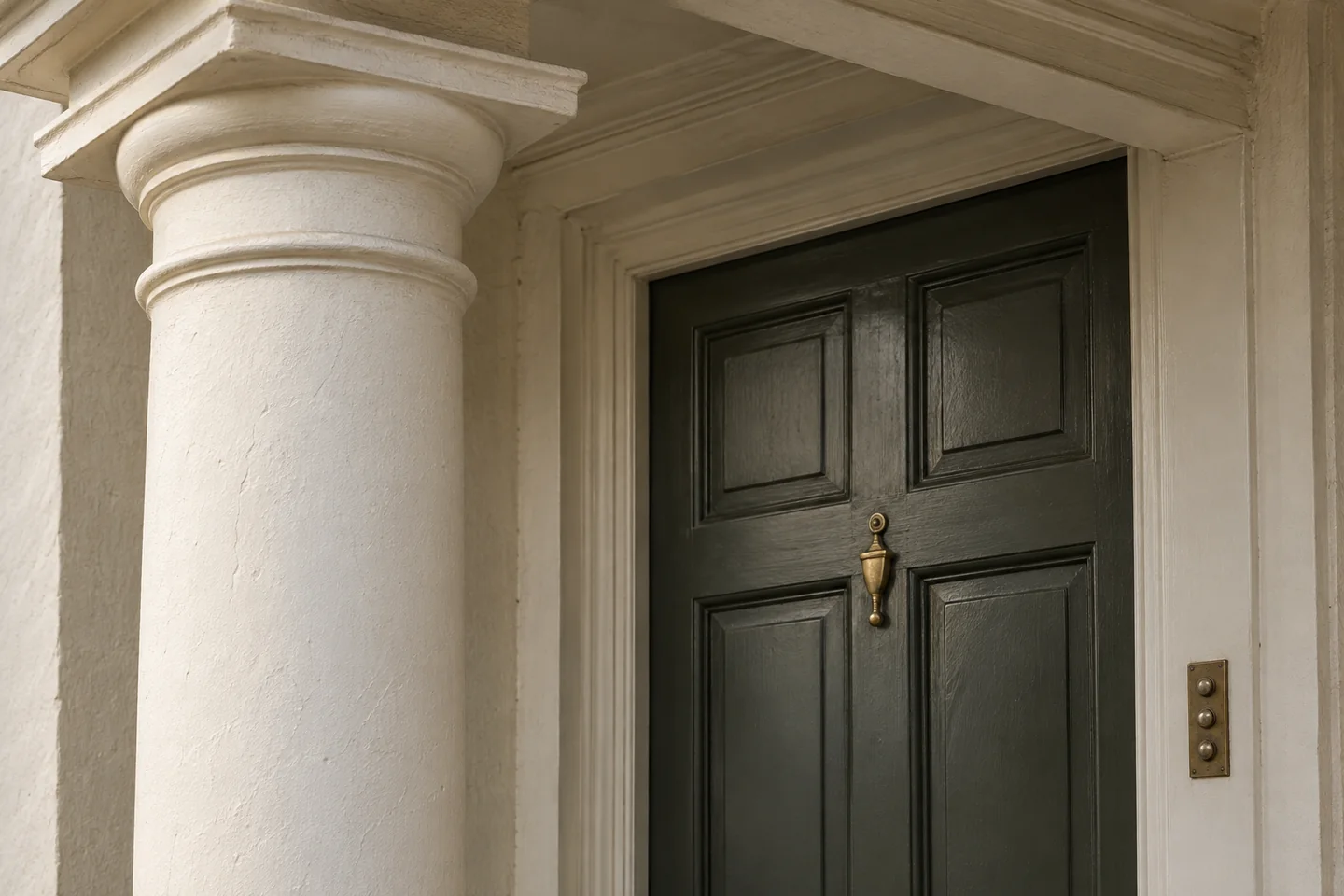 Painted stucco porch column and capital beside a panelled residential front door