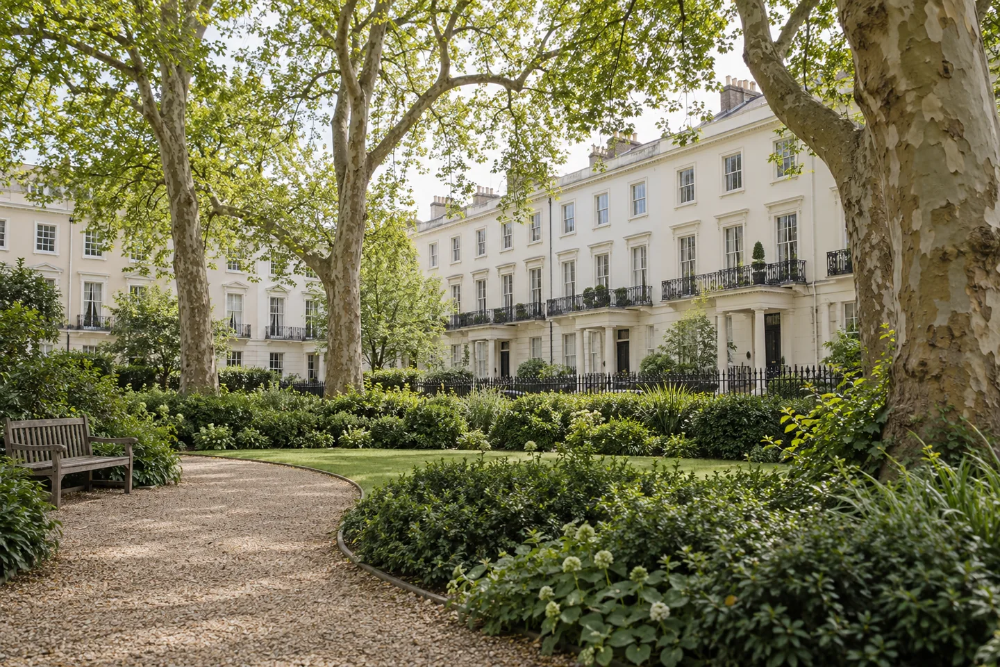 Leafy garden square enclosed by railings and pale stucco residential terraces
